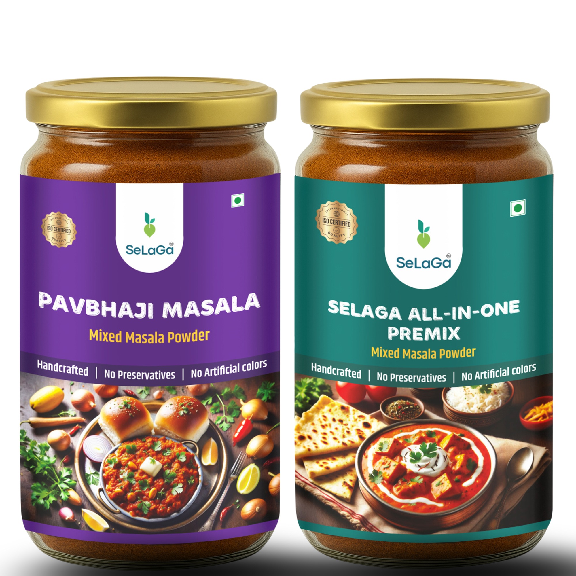 1 (6) Selaga Street Style Masala Combo – Pav Bhaji Masala + All-in-One Premix Masala (2x100g Premium Glass Jar) - Image 1