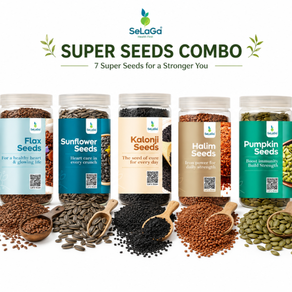Selaga 7 Super Seeds Combo – Premium 700g (100g Each) | Pumpkin, Chia, Kalonji, Basil, Halim, Flax & Sunflower Seeds with Reusable Jar